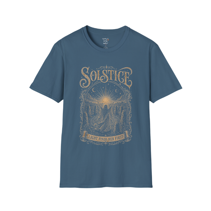 Woman in stone circle arms raised at sunrise engraving design — Sacred Thread collection by Ramro Yoga Wear — Indigo Blue