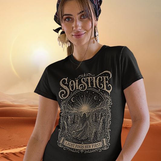 Woman wearing Solstice black sacred yoga shirt in the desert — Sacred Thread collection by Ramro Yoga Wear