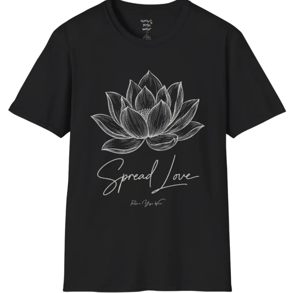 Spread Love T-Shirt, hand-illustrated lotus design with "Spread Love" script — The Vault collection by Ramro Yoga Wear, Black.
