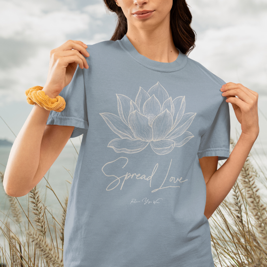 Spread Love T-Shirt, hand-illustrated lotus design with "Spread Love" script — The Vault collection by Ramro Yoga Wear, Stone Blue.