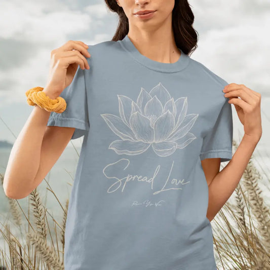 Spread Love T-Shirt, hand-illustrated lotus design with "Spread Love" script — The Vault collection by Ramro Yoga Wear, Stone Blue.