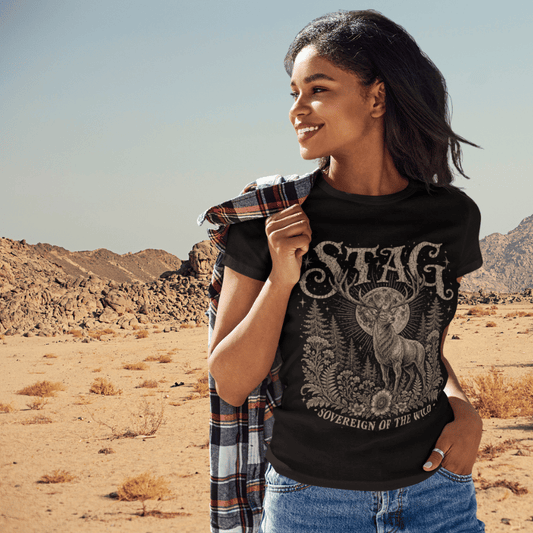Ramro Yoga Wear Stag tee in Black — sovereign stag moon forest vintage design, desert mountain lifestyle shot