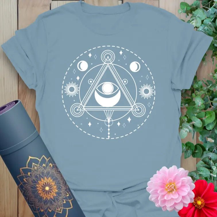 Stone Blue All Seeing Eye T-Shirt – spiritual yoga tee with sacred eye symbol and cosmic alignment id a refreshing design by Ramro Yoga Wear.