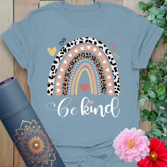 Stone blue kindness shirt with rainbow design and empowering vibe