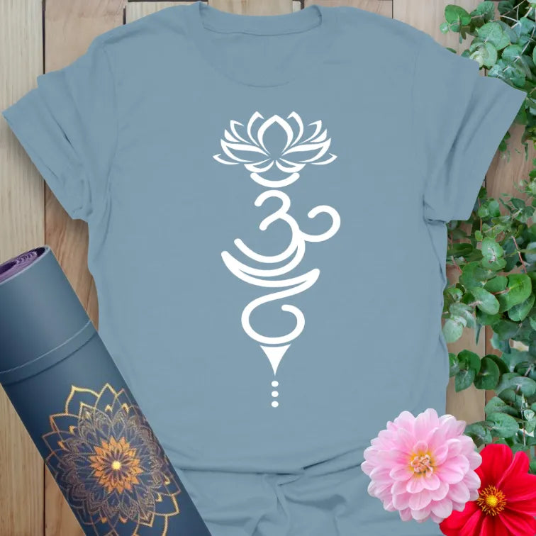 Stone blue Breathe Symbol T-Shirt with calming yoga-inspired artwork