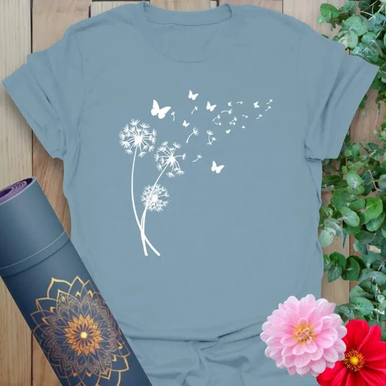 Stone blue Breathe T-Shirt with delicate dandelion design symbolizing mindful breath