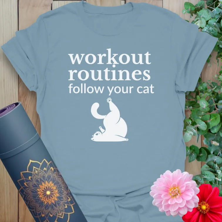 Stone blue Cat Routine T-Shirt with relaxing cat and funny workout inspiration