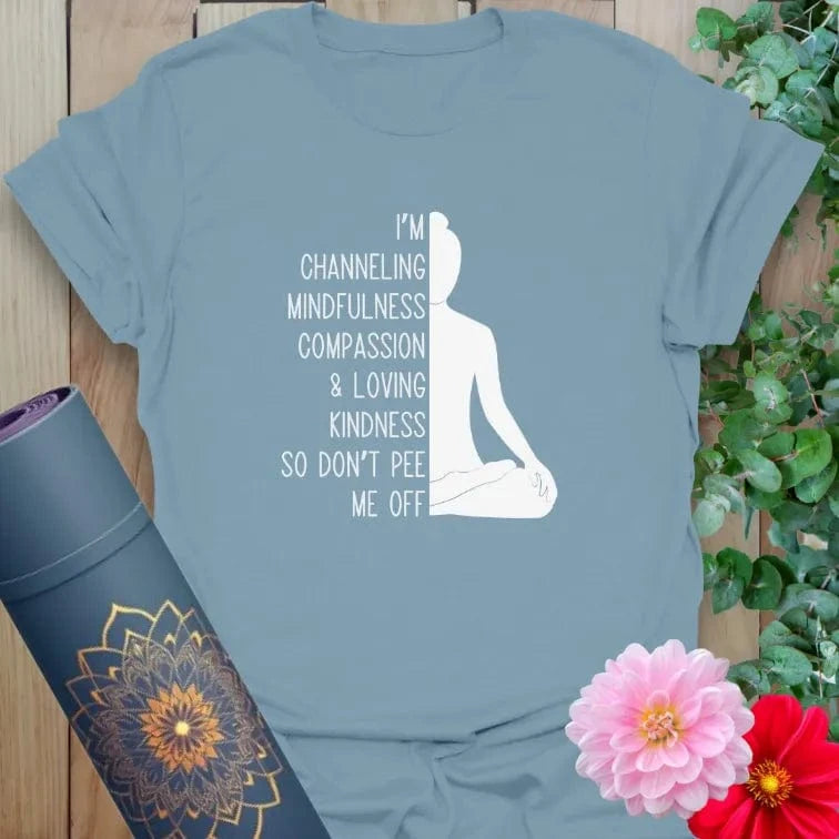 Stone blue Channeling T-Shirt with sassy yoga graphic and peaceful figure