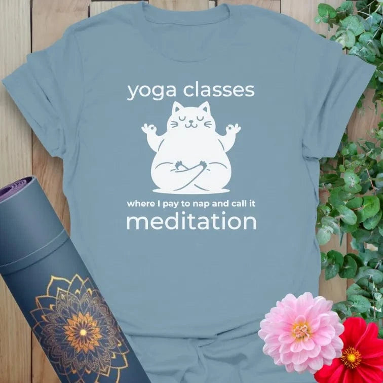Stone blue Classes T-Shirt with relaxing cat yoga graphic and meditation joke