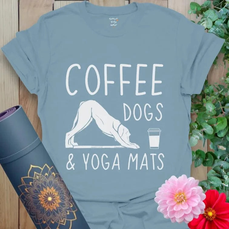 Stone Blue Coffee Dogs T-Shirt with playful coffee and dog design. Unisex yoga lifestyle wear.