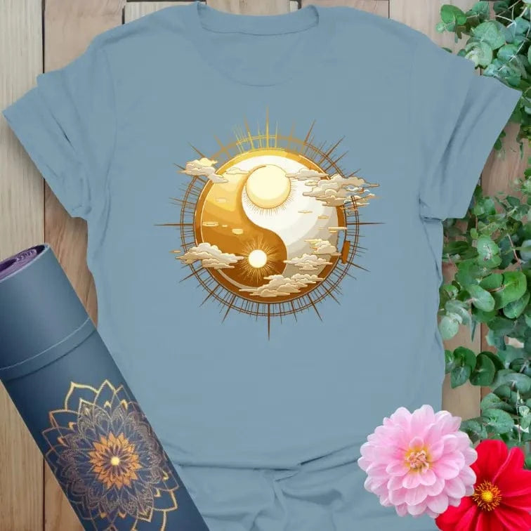 Stone blue Cosmic Harmony T-Shirt with golden celestial yin-yang and peaceful energy