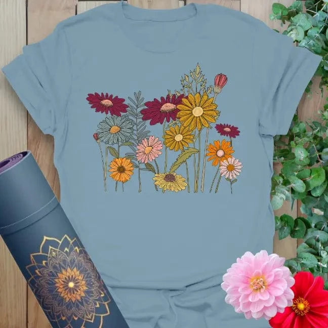 Stone blue Cottage Flowers T-Shirt featuring cozy wildflower cluster design