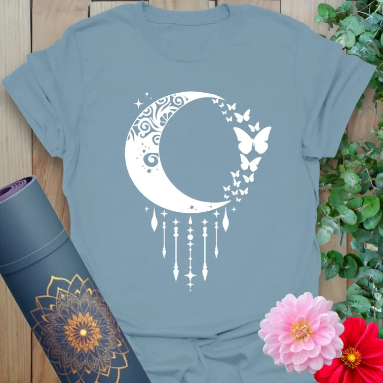 Stone blue Crescent Moon T-Shirt featuring cosmic butterfly and moon art