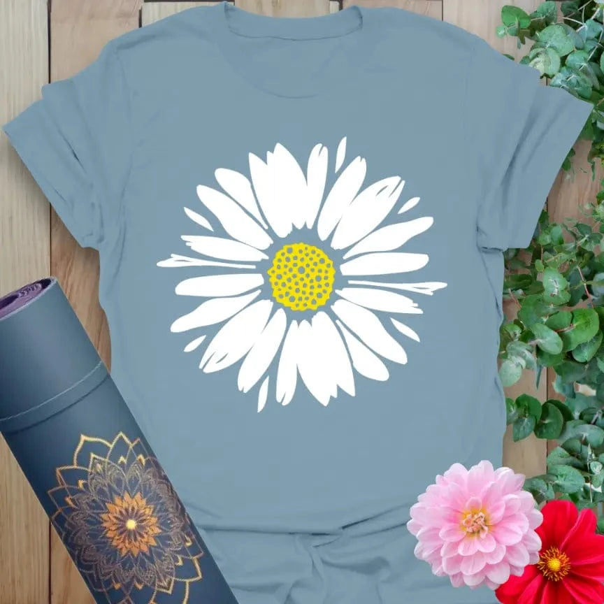 Stone blue Daisy T-Shirt with hand-painted flower design and peaceful feel