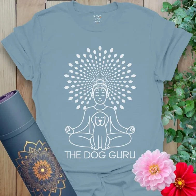 Stone Blue Dog Guru T-Shirt featuring serene yoga figure with dog companion graphic. Ideal spiritual gift tee for yoga and dog fans.