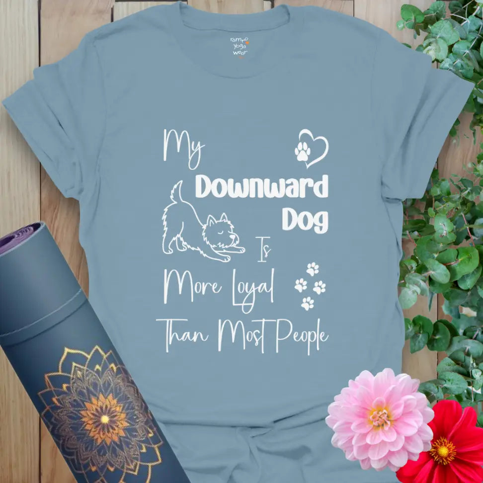 Stone Blue Dog Loyal T-Shirt with yoga-inspired Westie design and loyalty quote, ideal for mindful dog parents.