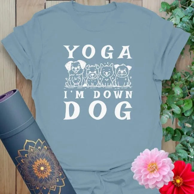 Stone blue Dog Ready T-Shirt with humorous yoga dog message and cute art