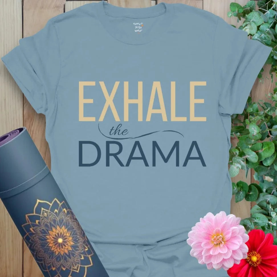 Stone Blue Drama T-Shirt with clean text layout and flow graphic. A centered, expressive tee for everyday grounding.