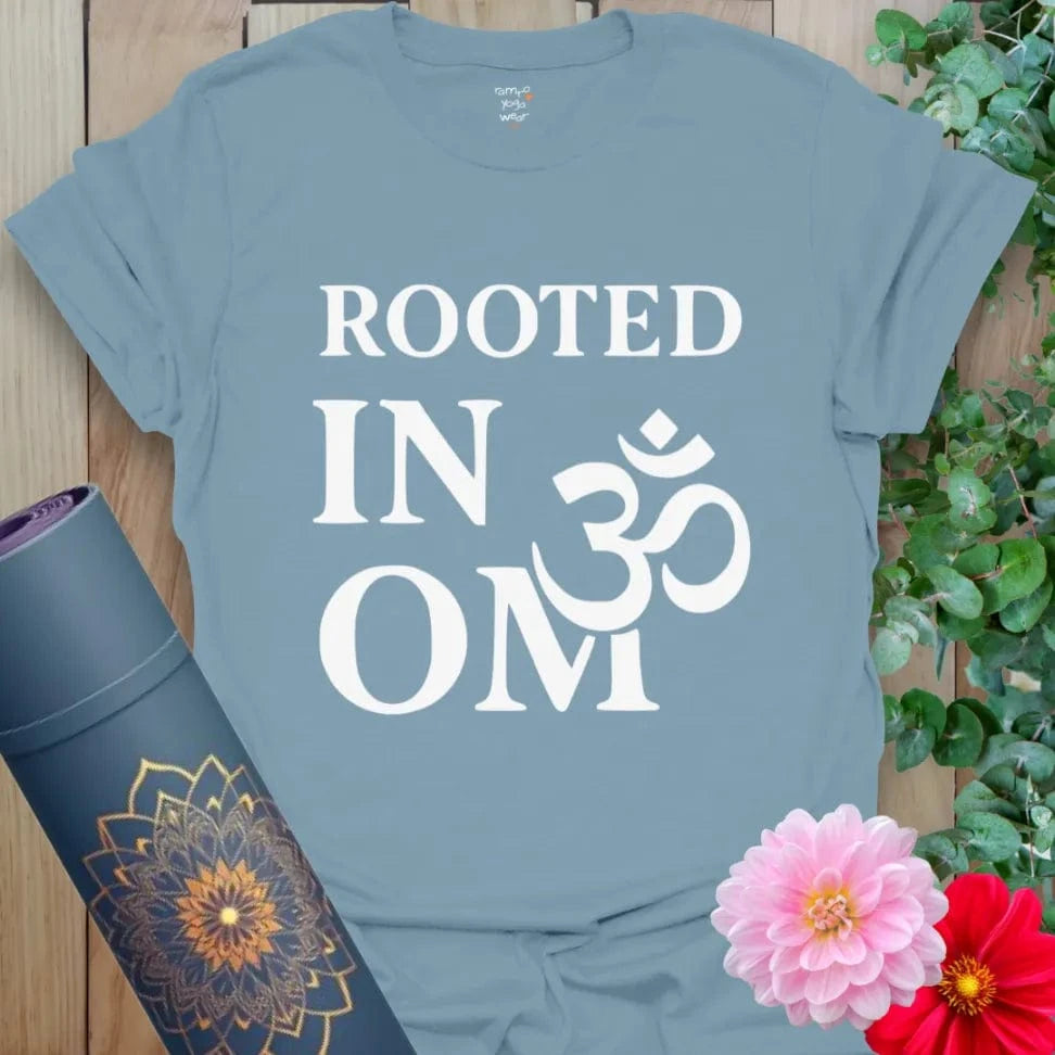 Stone blue Earth & OM T-Shirt with minimalist rooted message for mindful living