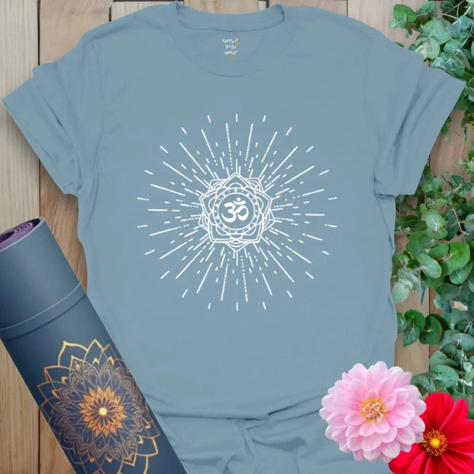 Stone blue Echo of Om T-Shirt with centered OM burst energy artwork