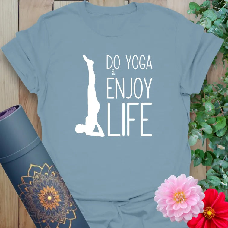 Muted stone blue yoga t-shirt with inspirational yoga quote and yogi silhouette for an uplifting lifestyle