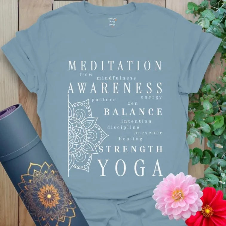 Stone Blue Essence T-Shirt featuring white mandala line art and yoga words. A grounding and stylish piece for yoga lovers.