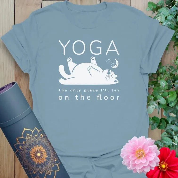 Muted stone blue yoga t-shirt featuring funny yoga cat design for relaxation, humor, and mindful self-care.