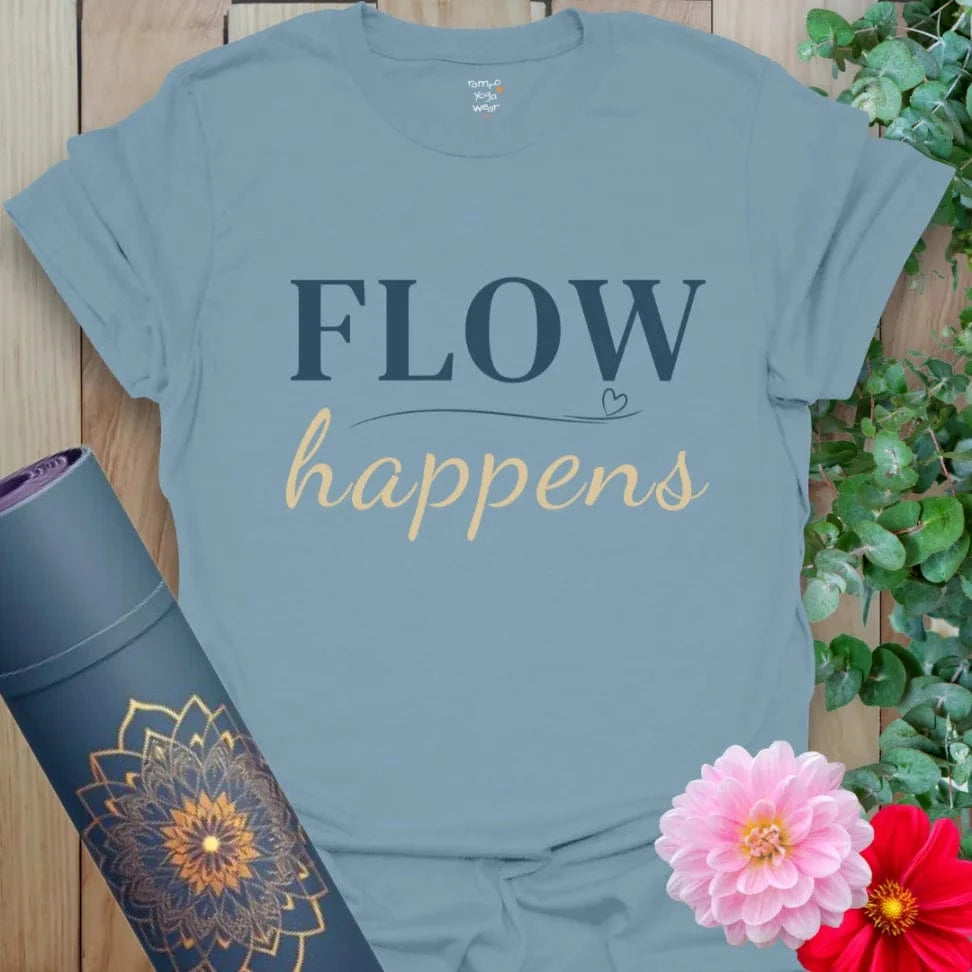 Stone Blue Flow Happens T-Shirt with clean serif and soft script finish. Mindful gift tee for yoga, growth, and letting go.