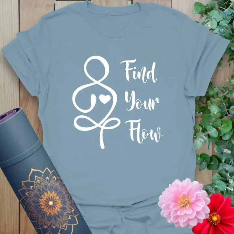 Muted stone blue yoga t-shirt featuring graceful "Find Your Flow" heart illustration inspiring mindful and soulful expression.