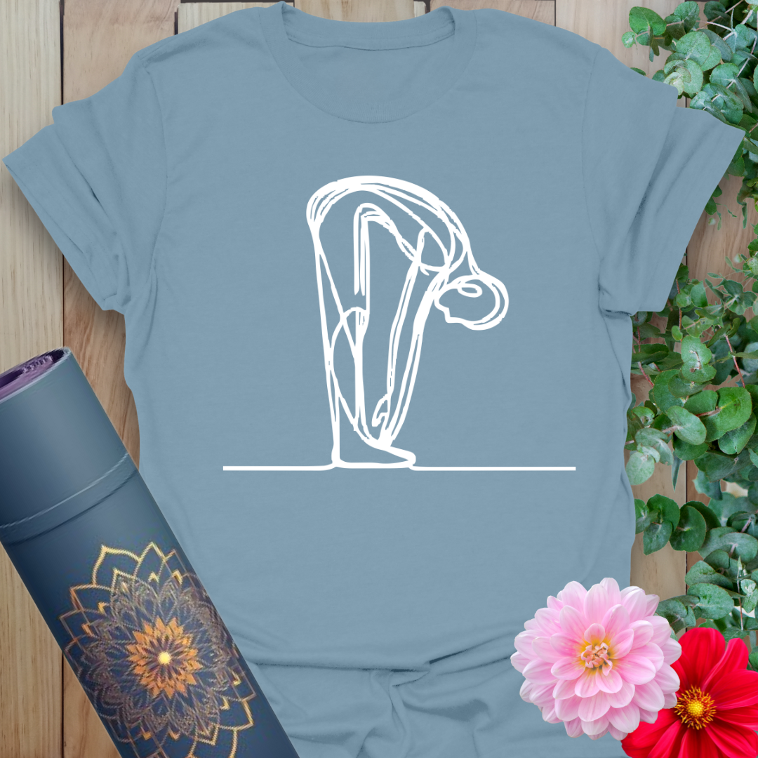 Muted stone blue yoga t-shirt featuring minimalist forward bend yoga pose design for conscious, grounded expression.