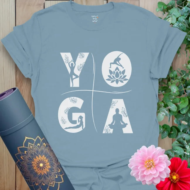 Stone Blue tee with fresh, minimalist YOGA typography and nature-inspired flow. Everyday yoga wear with style.