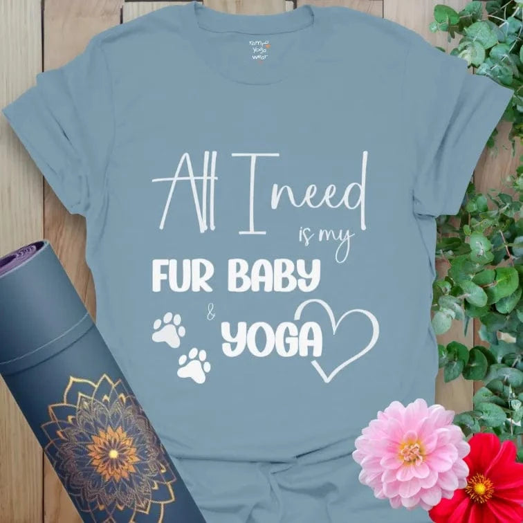 Stone Blue Fur Baby T-Shirt with paw prints, heart, and yoga mantra. Comfortable activewear for yogis and dog lovers.