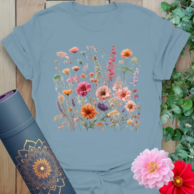 Muted stone blue yoga t-shirt featuring bright field of wildflowers and gerbera daisies for conscious, soulful expression.