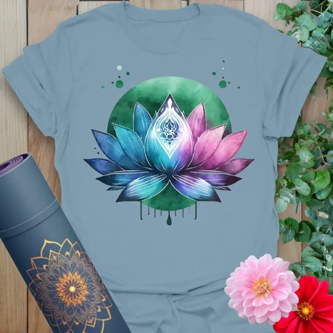 Muted stone blue yoga t-shirt featuring vibrant lotus and green glow design inspiring soulful expansion and spiritual strength.