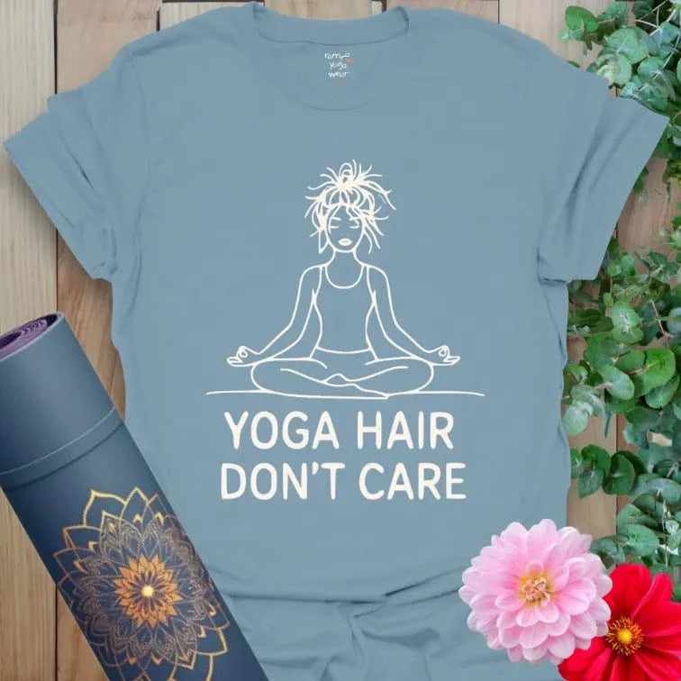 Stone Blue Hair T-Shirt with casual design: yoga pose illustration and “Yoga Hair Don’t Care” phrase. Everyday yoga wear with humor.