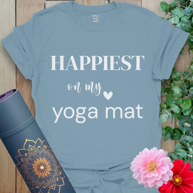 Stone Blue Happiest T-Shirt with bold serif and soft script. Calm minimalist yoga tee design.