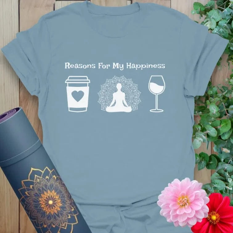 Muted stone blue yoga t-shirt showcasing fun coffee, yoga, and wine icons for soulful, cheerful expression.