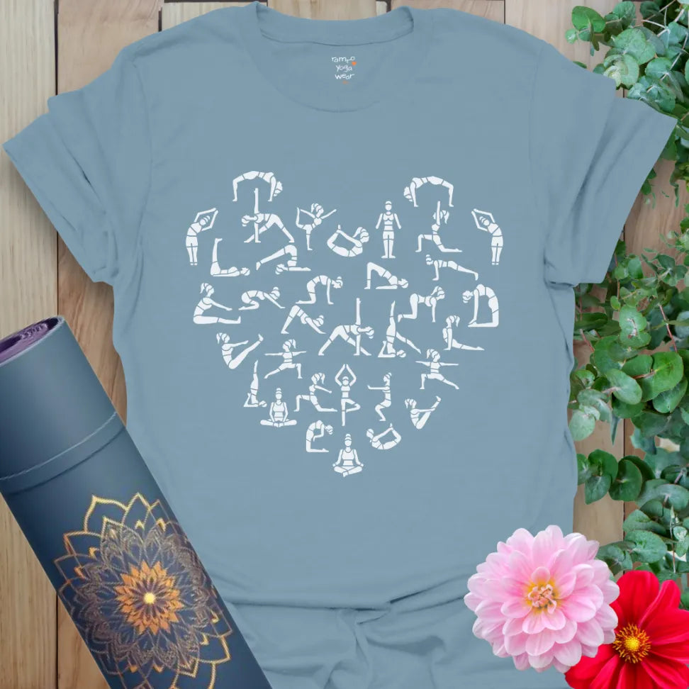 Muted stone blue yoga t-shirt featuring delicate yoga pose heart artwork inspiring connection, love, and mindful movement.