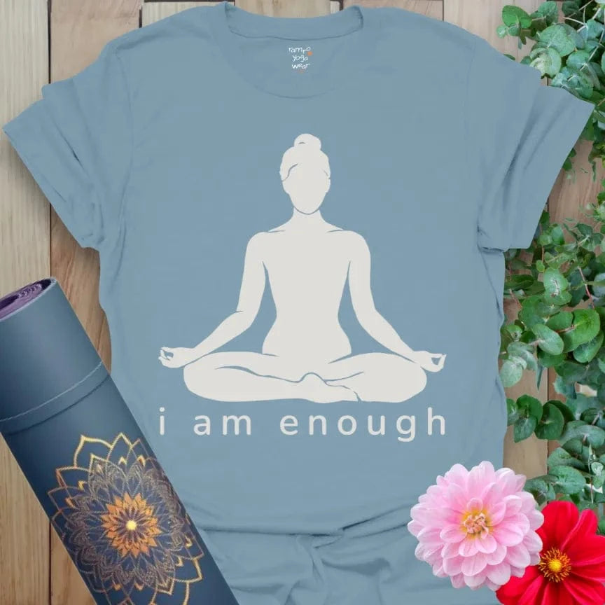 Stone Blue I Am Enough T-Shirt with yoga pose outline and powerful mantra “I Am Enough.” Lightweight unisex yoga wear for soulful living.