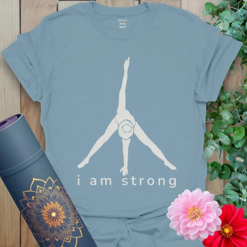Stone Blue I Am Strong T-Shirt with yoga-inspired artwork and text “I Am Strong.” Empowerment and resilience tee.