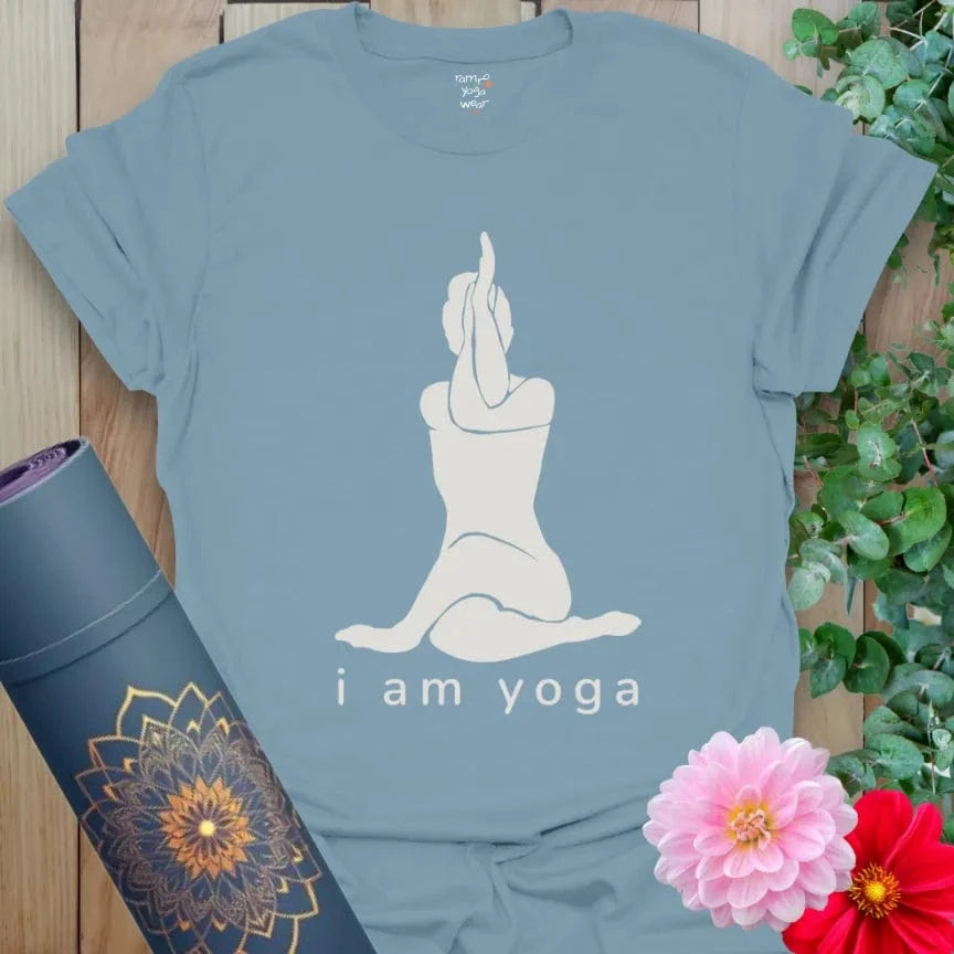 Stone Blue I Am Yoga T-Shirt with minimalist yoga pose illustration and phrase “I Am Yoga.” Unisex yoga clothing for daily mindful movement.