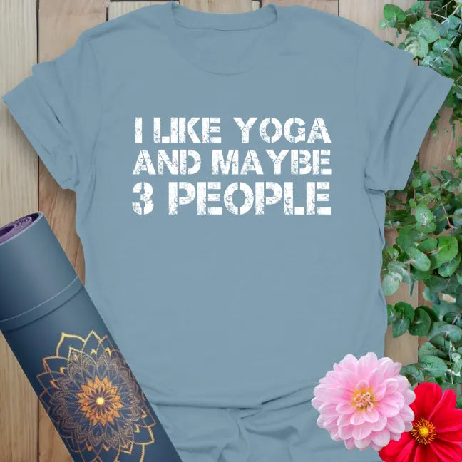 Muted stone blue yoga t-shirt featuring bold, humorous yoga quote for conscious, playful, introverted living.