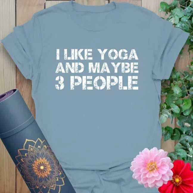 Muted stone blue yoga t-shirt featuring bold, humorous yoga quote for conscious, playful, introverted living.