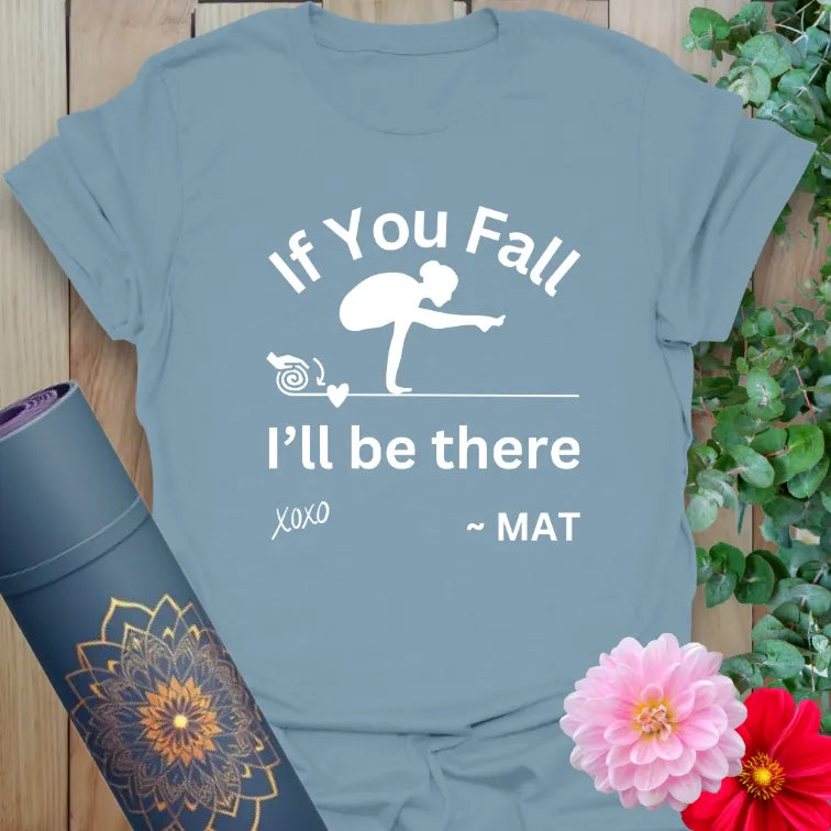 Muted stone blue yoga t-shirt with funny crow pose and mat support message for light-hearted, conscious living.
