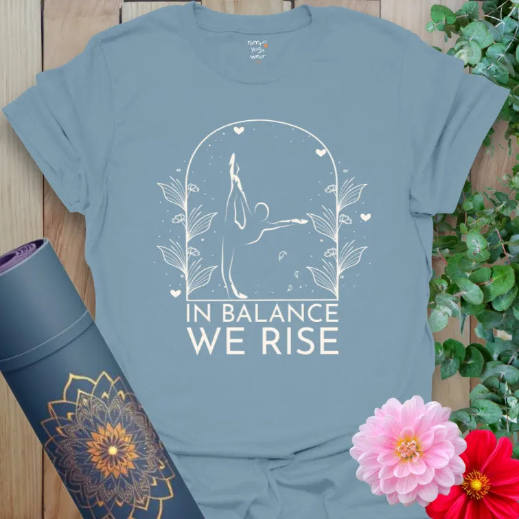Stone Blue balance tee with peaceful yoga line art in white. Stylish and grounded, ideal for intentional movement.