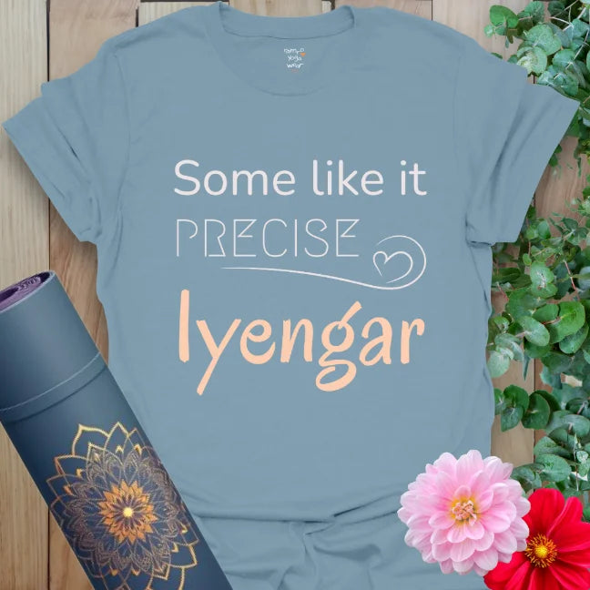 Stone Blue shirt with playful typography honoring Iyengar yoga. Comfort meets clarity.