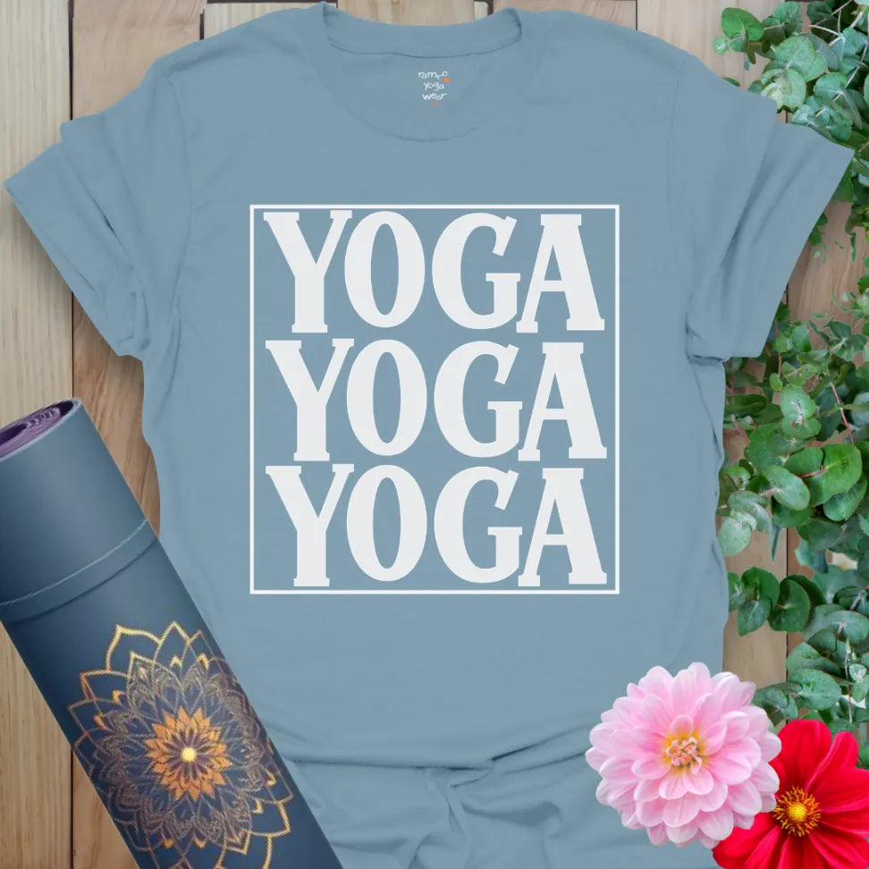 Muted stone blue yoga t-shirt with stacked "YOGA" minimalist design perfect for mindful, soulful streetwear.