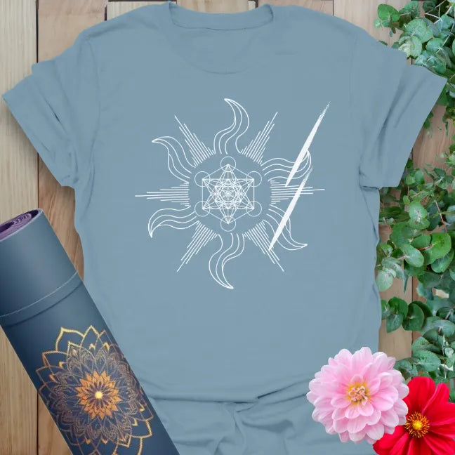 Muted stone blue yoga t-shirt with swirling sacred design and energetic lightning artwork perfect for cosmic, mindful living.