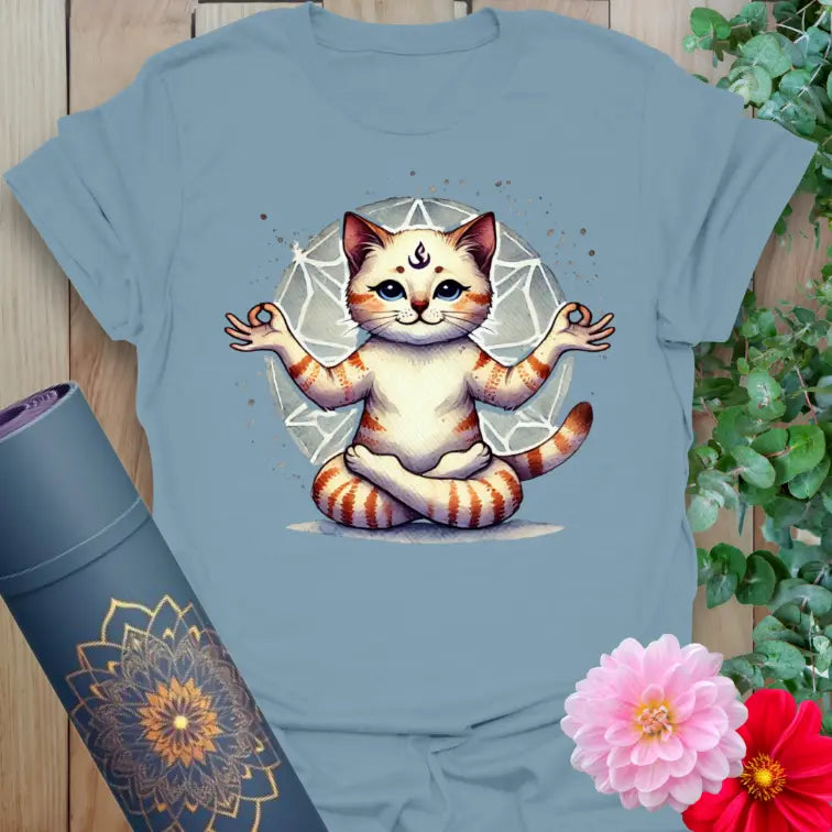 Muted stone blue yoga t-shirt with joyful meditating cat design and mindful, sacred geometry energy.