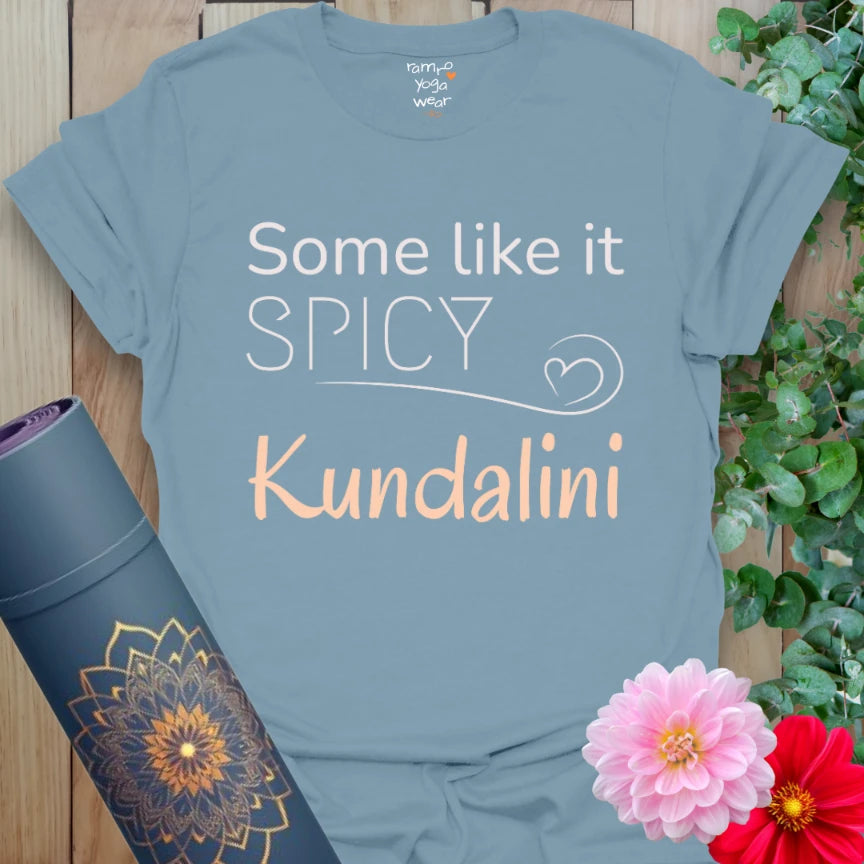 Stone Blue Kundalini T-Shirt with stylized text in peach and white. Kundalini-inspired yoga tee for everyday wear.
